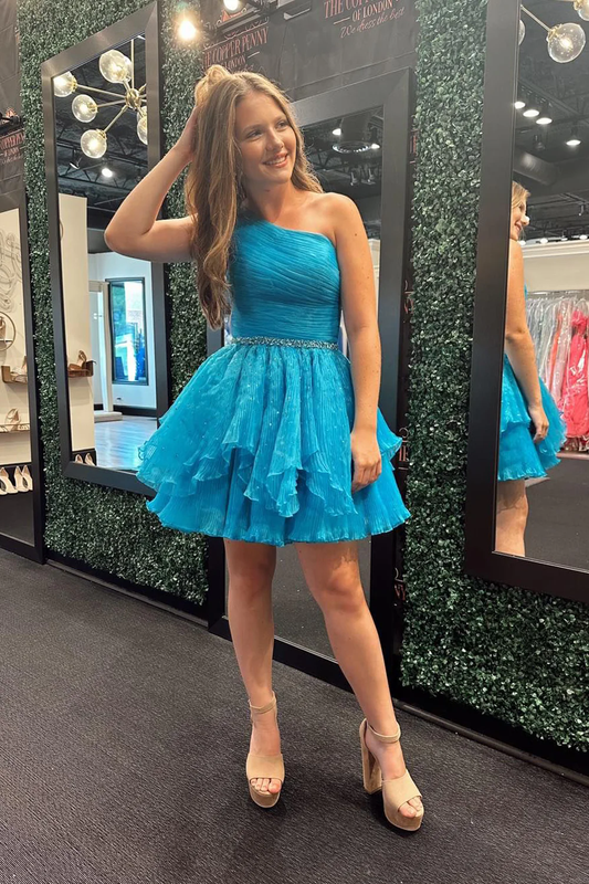 Blue Organza One Shoulder A-Line Short Homecoming Dress