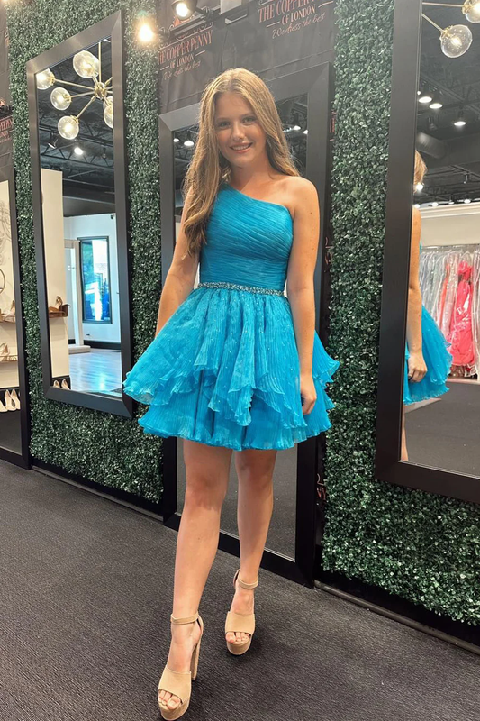 Blue Organza One Shoulder A-Line Short Homecoming Dress