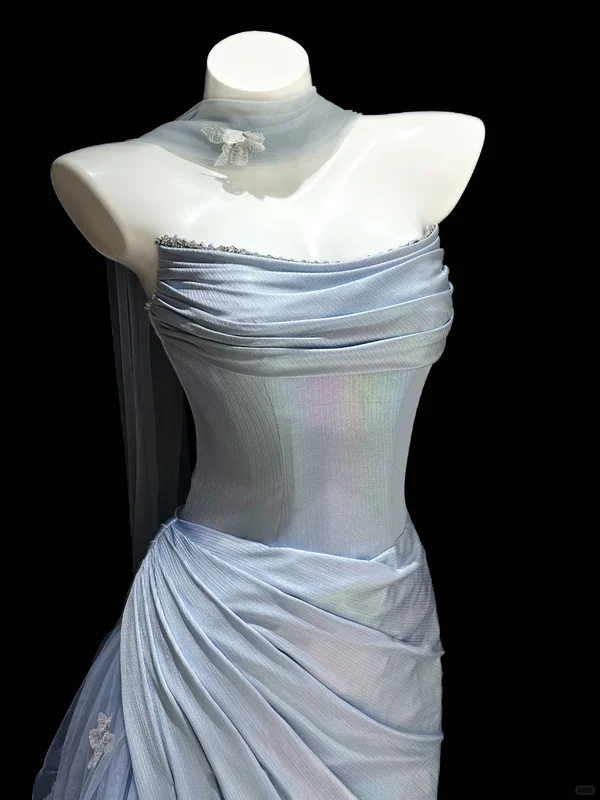 Blue Simple A Line Strapless Satin Tulle Long Prom Dress