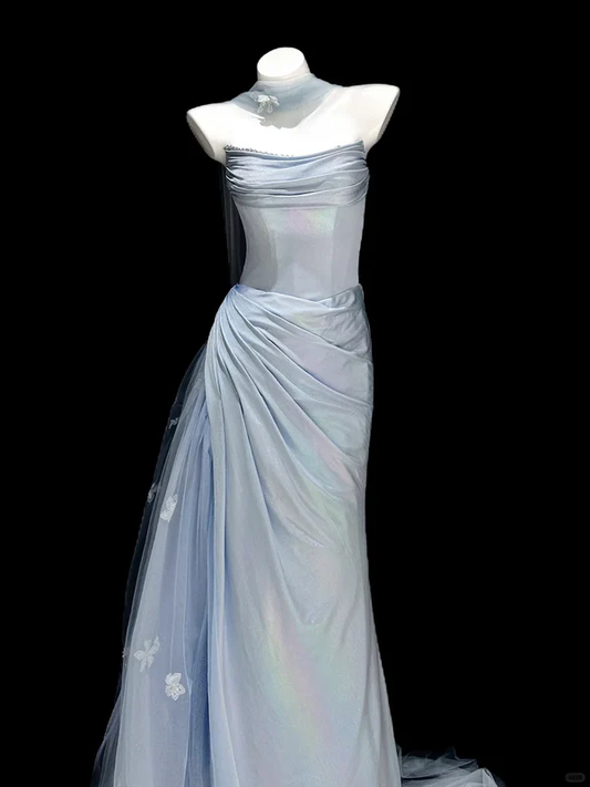 Blue Simple A Line Strapless Satin Tulle Long Prom Dress