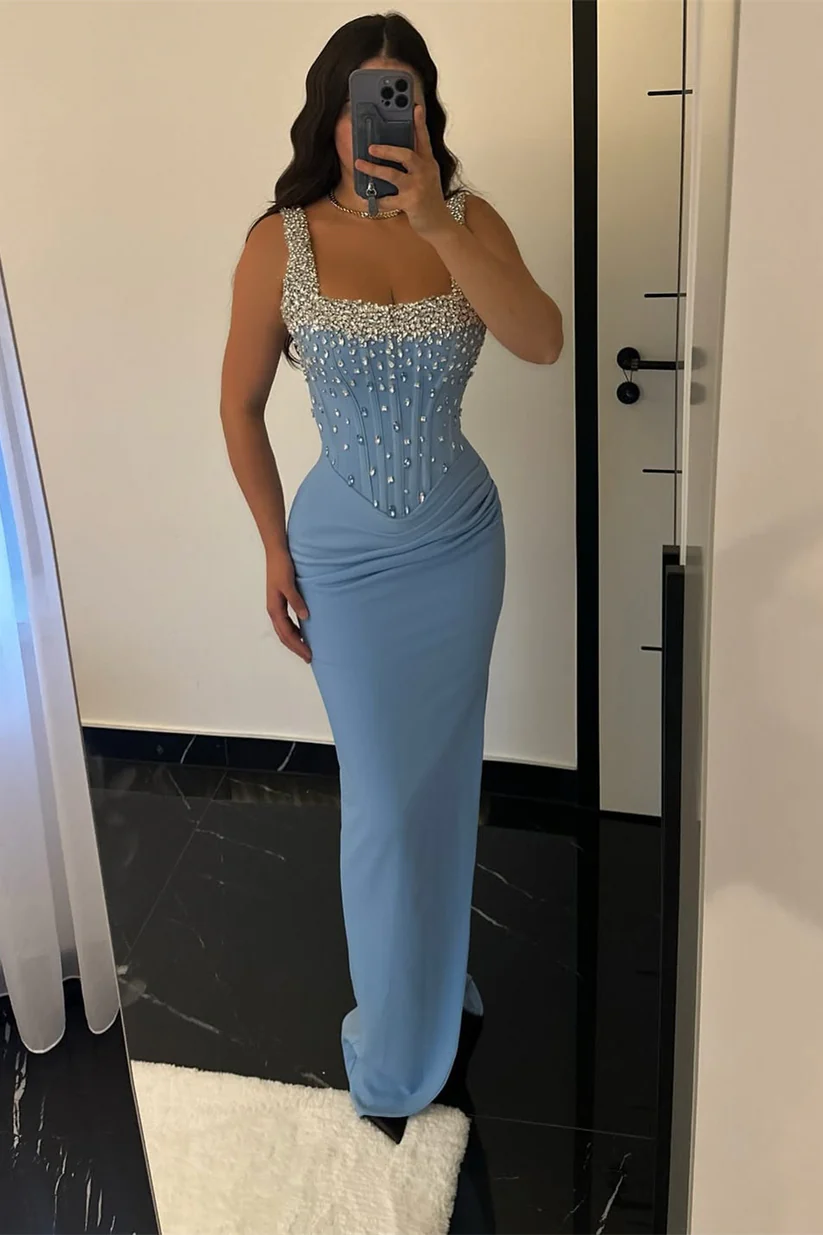 Blue Square Straps Sleeveless Satin Prom Dresses Mermaid Sheath With Gem