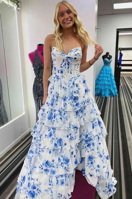 Blue Strapless A-Line V-Neck Tiered Printing Long Prom Dress