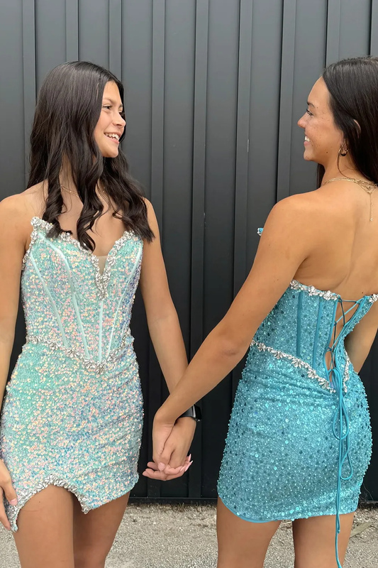 Bodycon Strapless Light Blue Sequins Tight Short Homecoming Dresses with Beadings