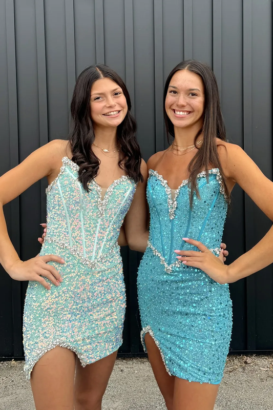 Bodycon Strapless Light Blue Sequins Tight Short Homecoming Dresses with Beadings