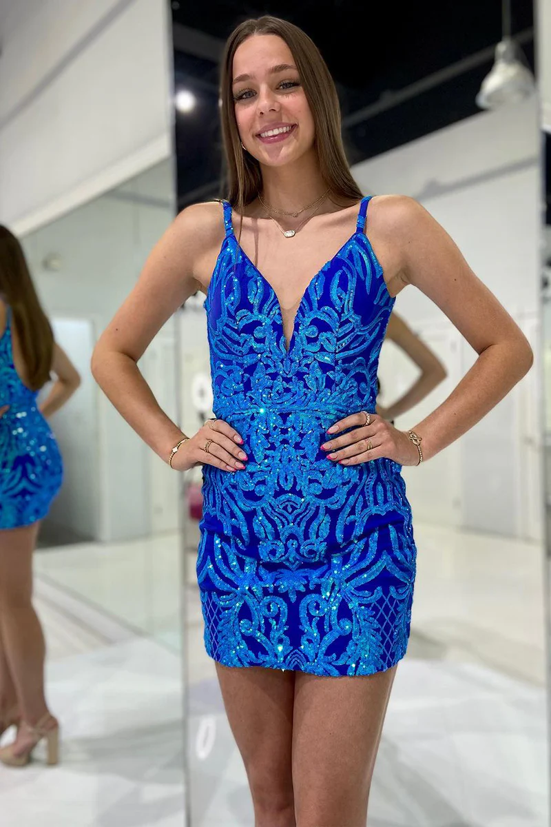 Bodycon V Neck Sequin Lace Tight Short Homecoming Dresses