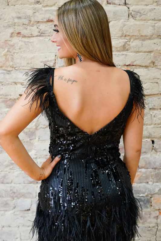 Bodycon V Neck Sequin Lace Tight Short Homecoming Dress with Feather