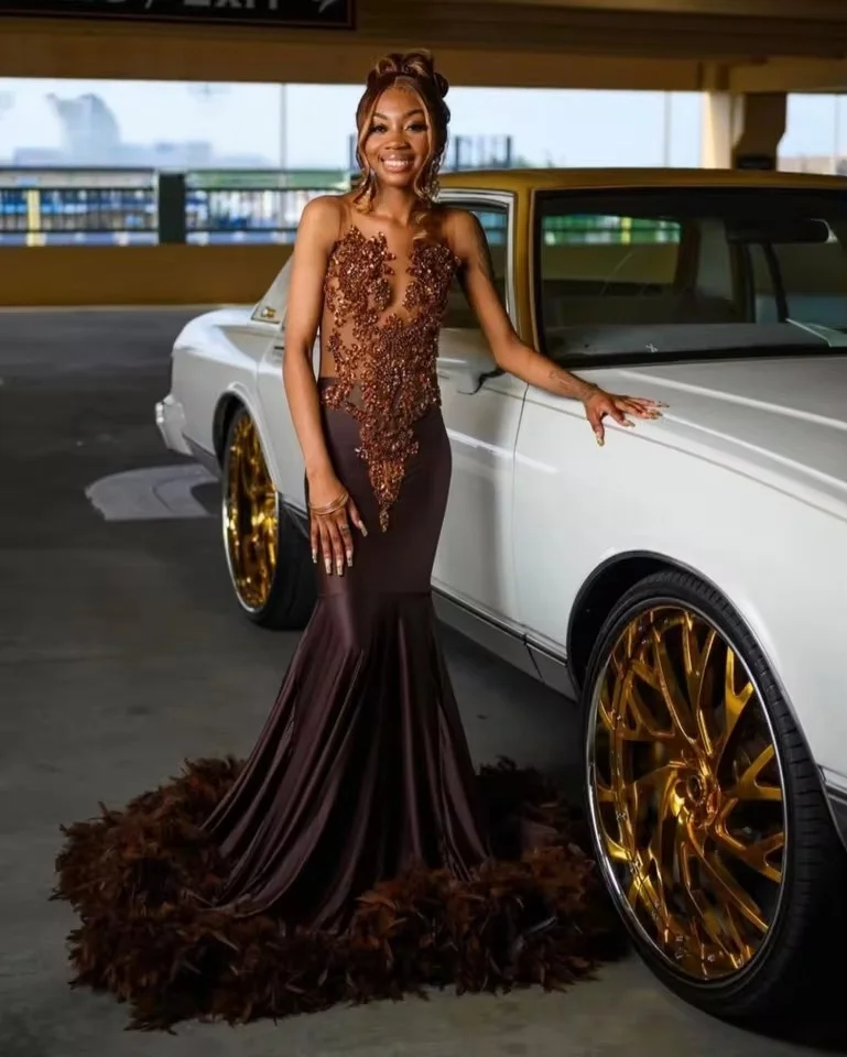Brown Feathers Long Prom Dresses For Black Girls Bead Crystal Rhinestone 2026 Birthday Luxury Dress Evening Gown Cape Customized