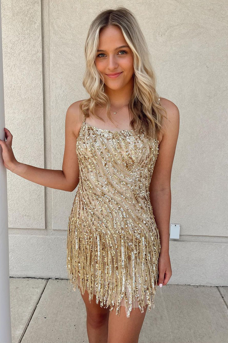 Champagne Sequins Scoop Neck Tight Homecoming Dress