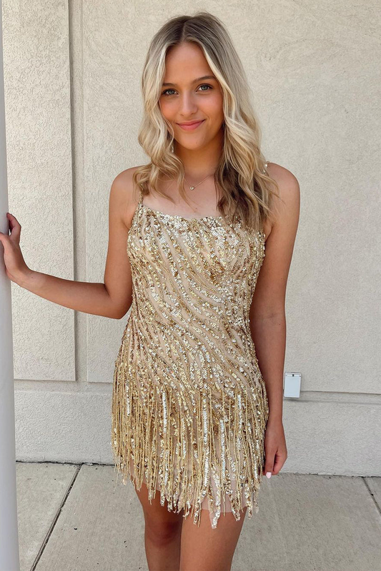 Champagne Sequins Scoop Neck Tight Homecoming Dress