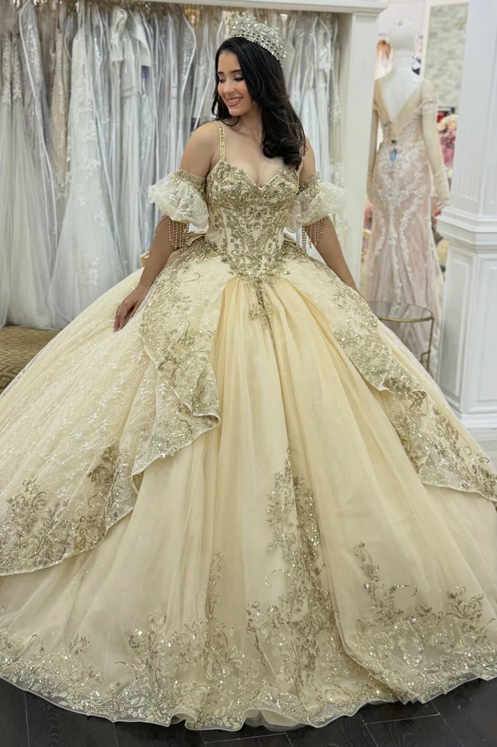 Champagne Tulle Lace Appliqued Sweetheart Quinceanera Dresses for Sweet 16