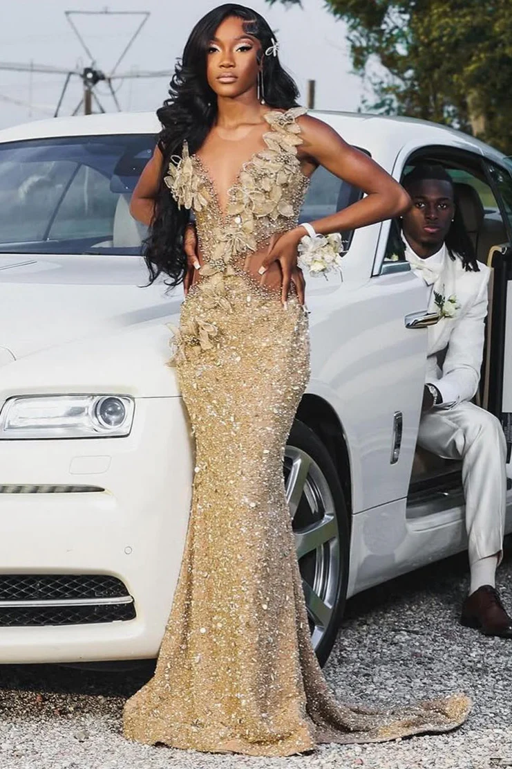 Champange Sleeveless Flowers Sequin Column Floor length Sparkle Prom Dresses