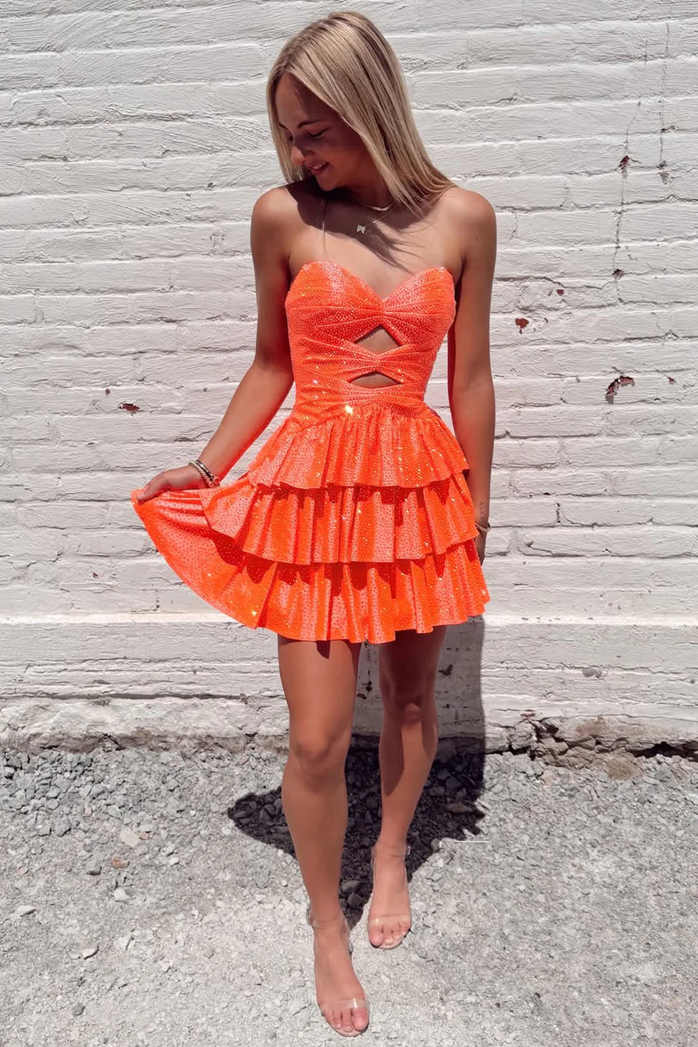 Charming A-Line Sweetheart Orange Beaded Short Homecoming Dress with Ruffle Tiered