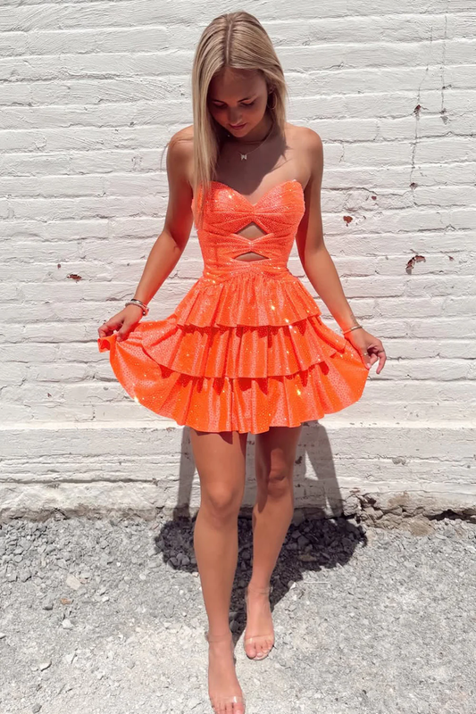 Charming A-Line Sweetheart Orange Beaded Short Homecoming Dress with Ruffle Tiered