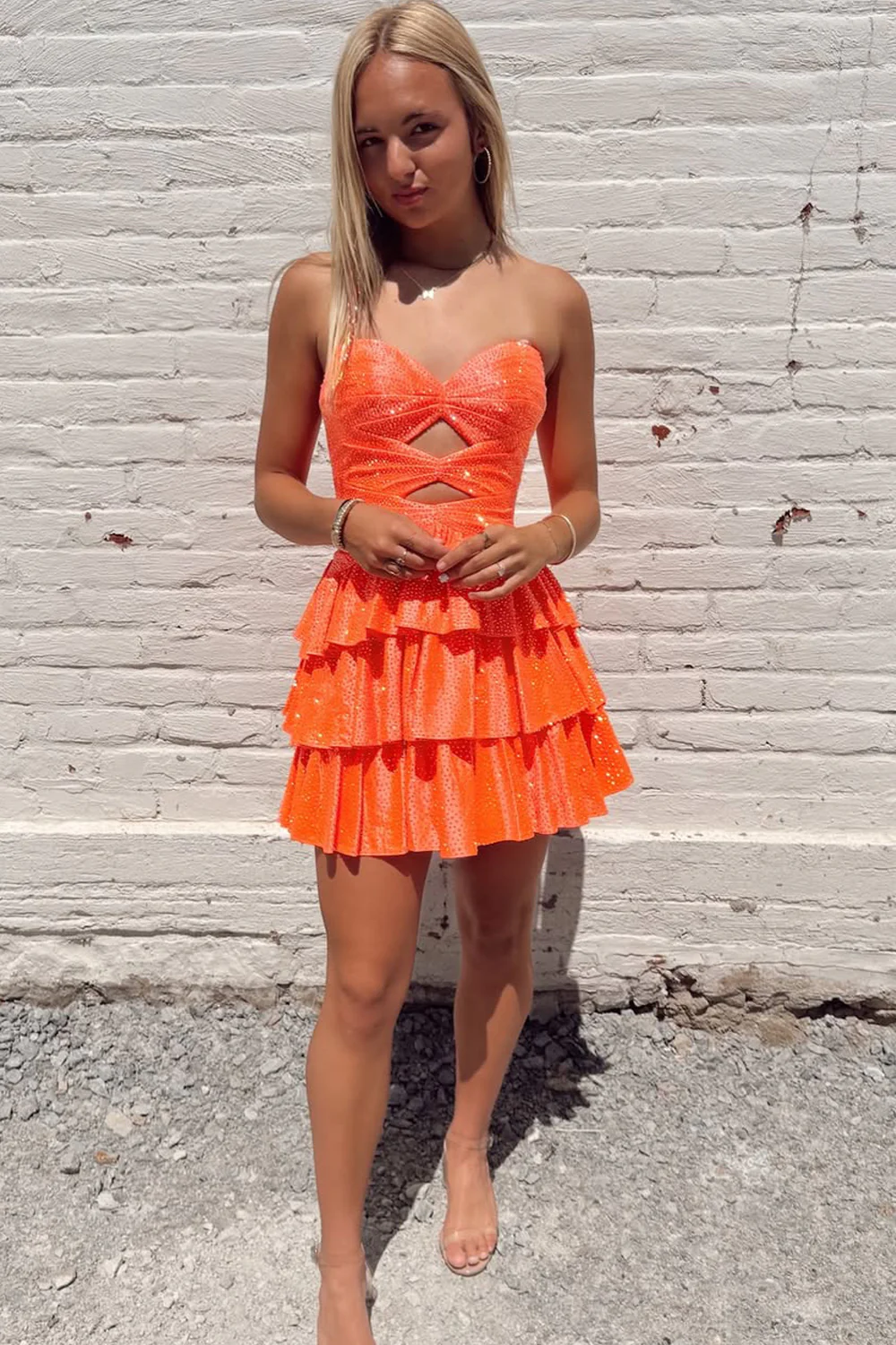 Charming A-Line Sweetheart Orange Beaded Short Homecoming Dress with Ruffle Tiered
