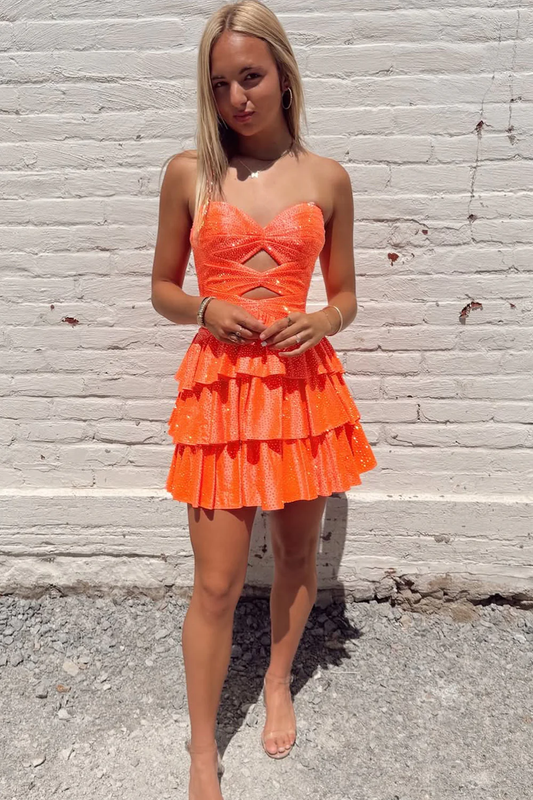 Charming A-Line Sweetheart Orange Beaded Short Homecoming Dress with Ruffle Tiered