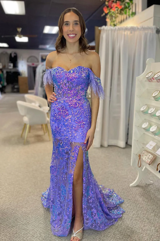 Charming Mermaid Off the Shoulder Light Purple Sequin Prom Dress
