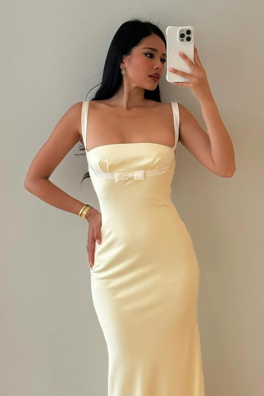 Charming Mermaid Strapless Light Yellow Long Prom Dress with Bowknot