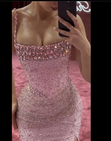 Charming Pink Mermaid Beaded Evening Gown Spaghetti Straps Slit Long Prom Party Dress