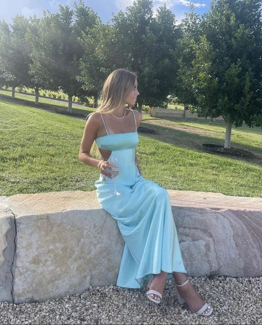 Charming Sheath Straps Aqua Blue Silk Satin Prom Dress