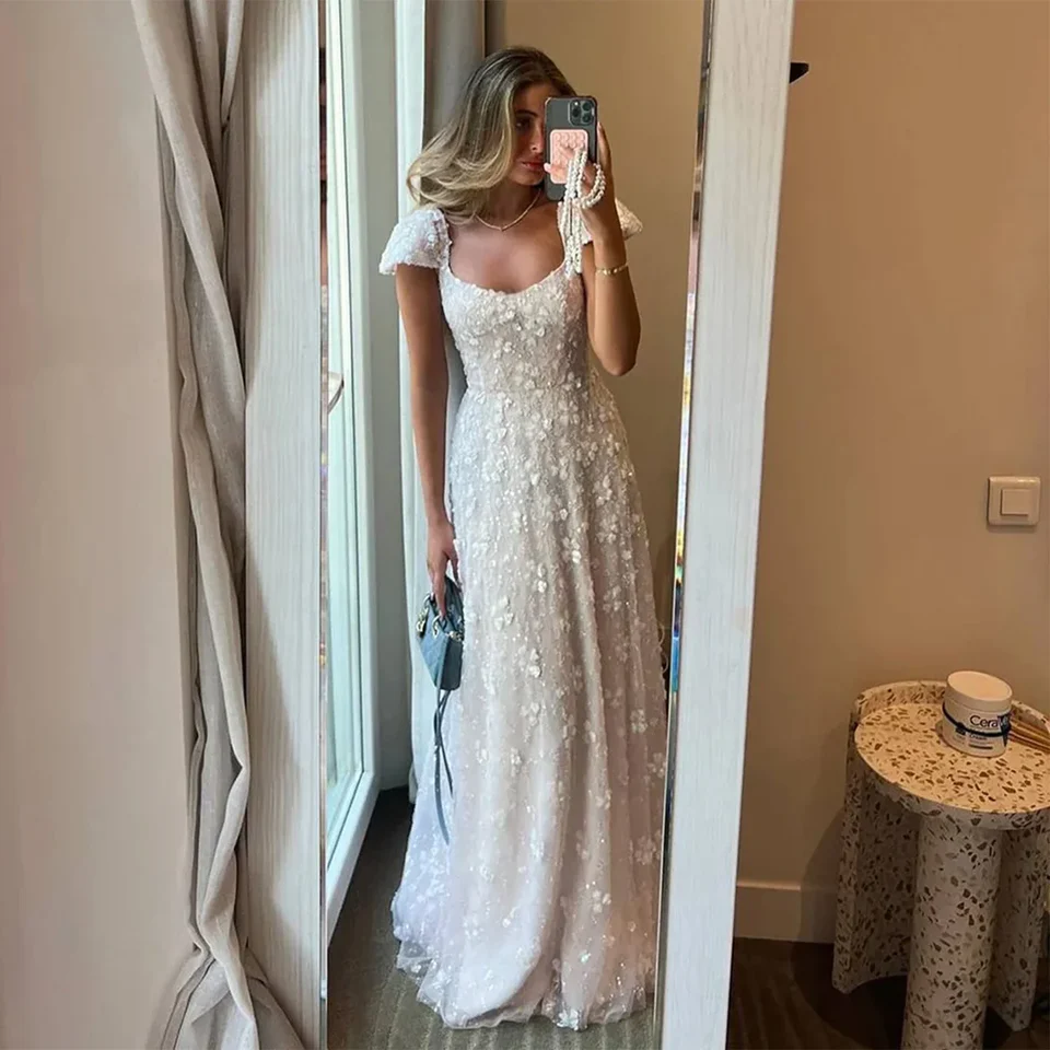 Chic Pink Floral Square Neck Backless Evening Dress Prom Dresses