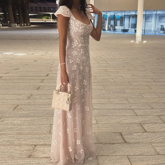 Chic Pink Floral Square Neck Backless Evening Dress Prom Dresses