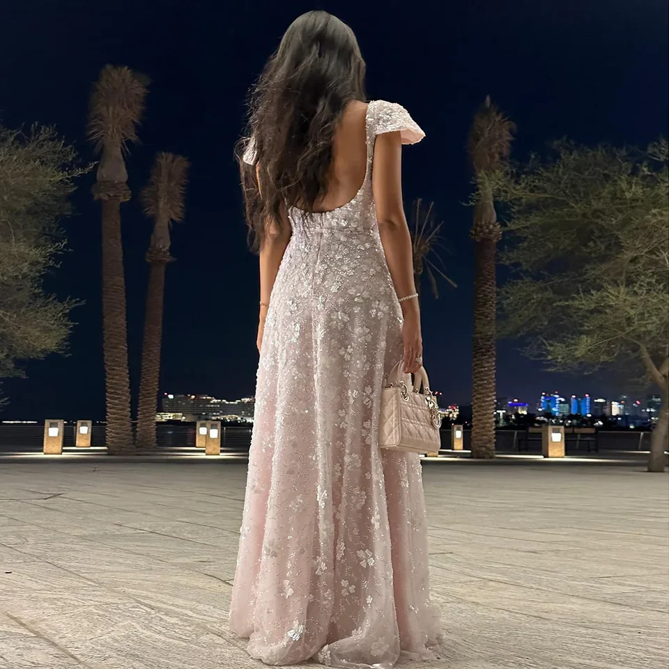 Chic Pink Floral Square Neck Backless Evening Dress Prom Dresses