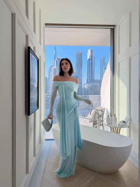 Chic Sky Blue Off-The-Shoulder Long Sleeves Pleated Chiffon Prom Dress