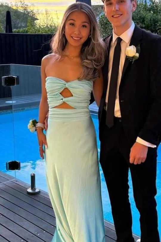 Chic Strapless Keyhole Satin Sleeveless Long Formal Prom Dress