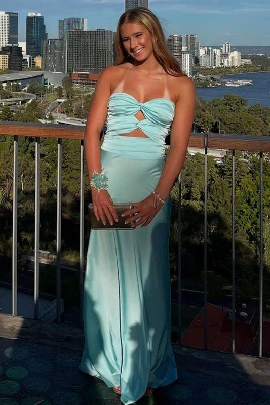 Chic Strapless Keyhole Satin Sleeveless Long Formal Prom Dress