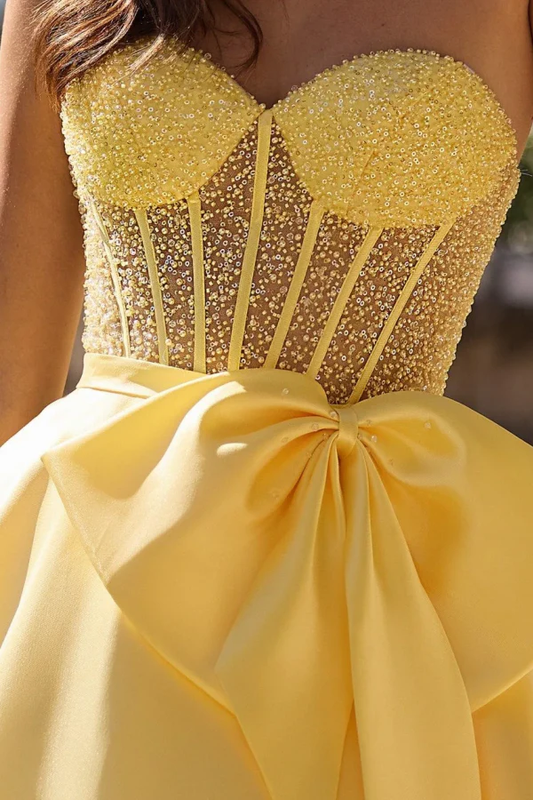 Chic & Modern A-Line Sweetheart Neck Sleeveless Beaded Pleated Prom Dress Floor Length Back Zipper Bow Knot Evening Gown