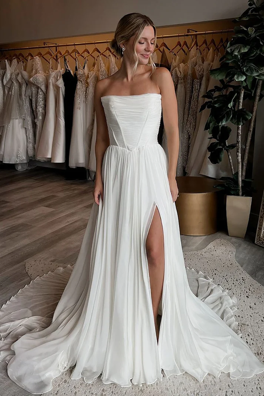 Chiffon A Line Sweetheart Corset Plus Size Bridal Wedding Dresses with Split
