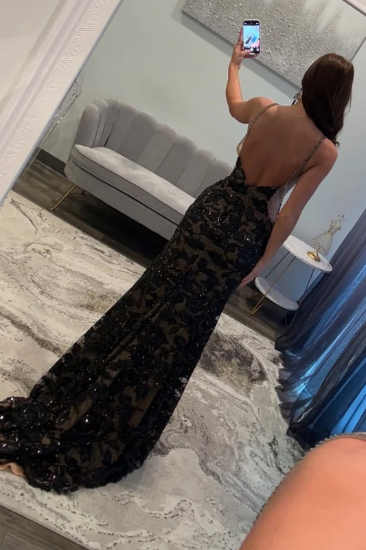 Classic & Elegant Sheath V Neck Spaghetti Straps Sleeveless Fully Lace Beaded Prom Party Dress Open Back High Side Slit and Train Formal Evening Dress