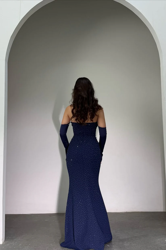 Classy Dark Navy Strapless Mermaid Prom Dress Detachable Sleeves With Beads Zipper