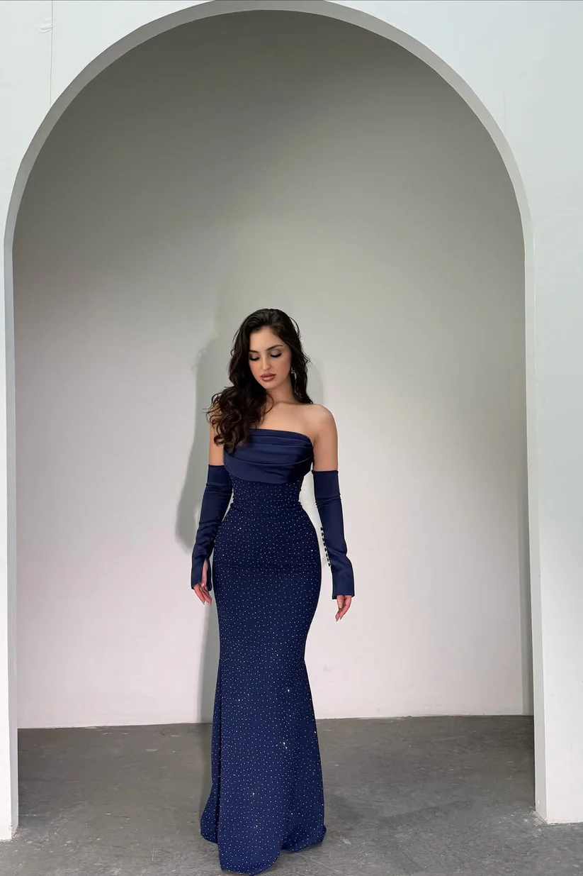 Classy Dark Navy Strapless Mermaid Prom Dress Detachable Sleeves With Beads Zipper