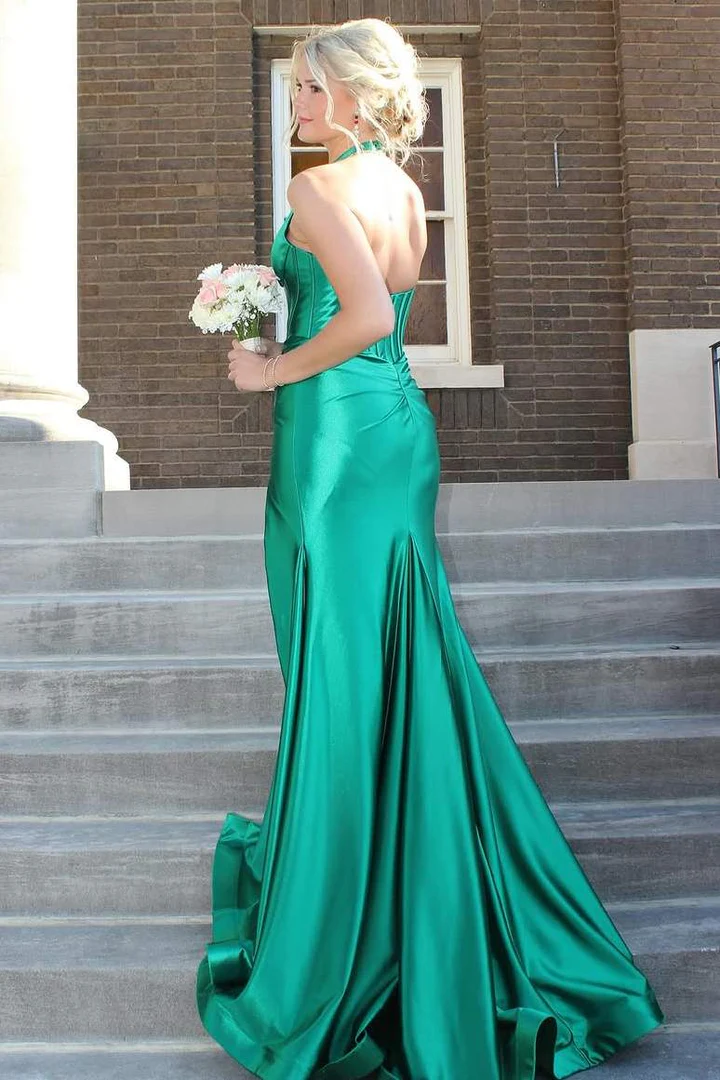 Classy Halter Deep V-Neck Satin Mermaid Prom Formal Dress with Slit