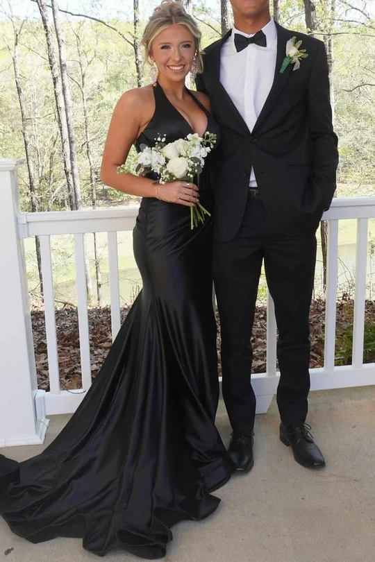 Classy Halter Deep V-Neck Satin Mermaid Prom Formal Dress with Slit