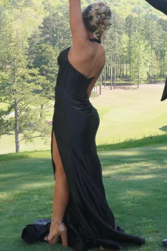 Classy Halter Deep V-Neck Satin Mermaid Prom Formal Dress with Slit