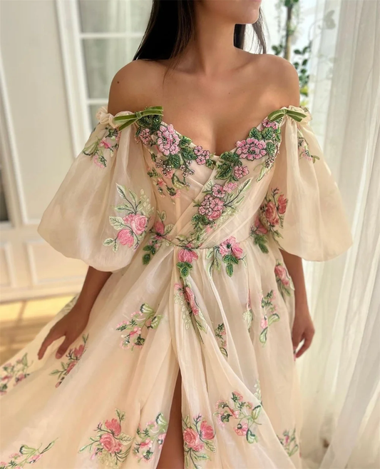 Customized A-Line Off Shoulder Embroidery Prom Dresses Appliques Puff Sleeve Side Split Evening Dress