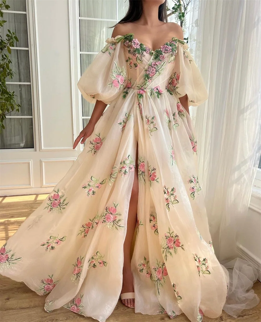 Customized A-Line Off Shoulder Embroidery Prom Dresses Appliques Puff Sleeve Side Split Evening Dress