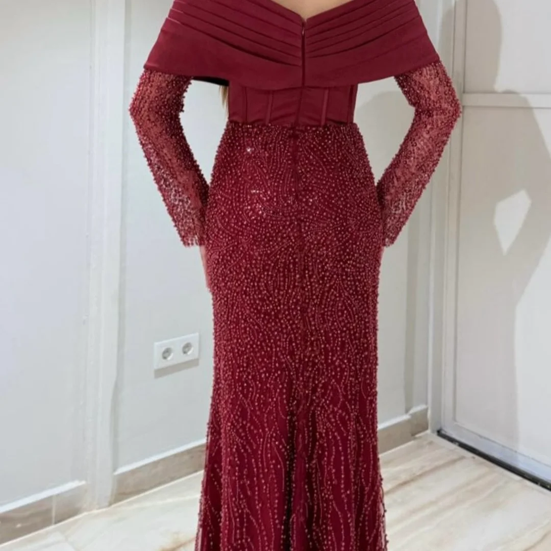 Customized Burgundy Off The Shoulder Beads Prom Dress Long Sleeves Mermaid Zip Back Floor-Length Formal
