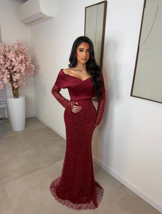 Customized Burgundy Off The Shoulder Beads Prom Dress Long Sleeves Mermaid Zip Back Floor-Length Formal