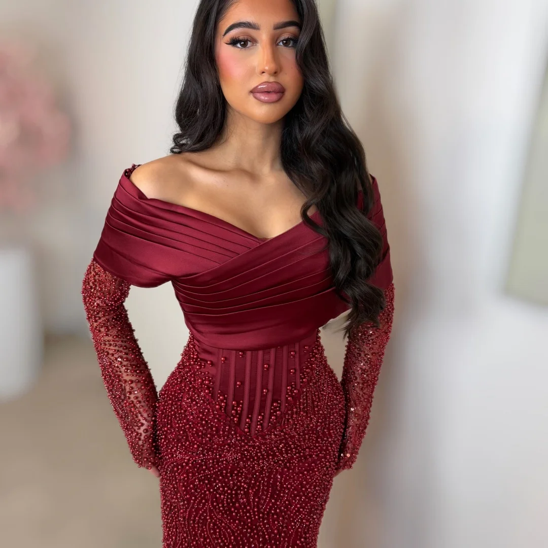 Customized Burgundy Off The Shoulder Beads Prom Dress Long Sleeves Mermaid Zip Back Floor-Length Formal
