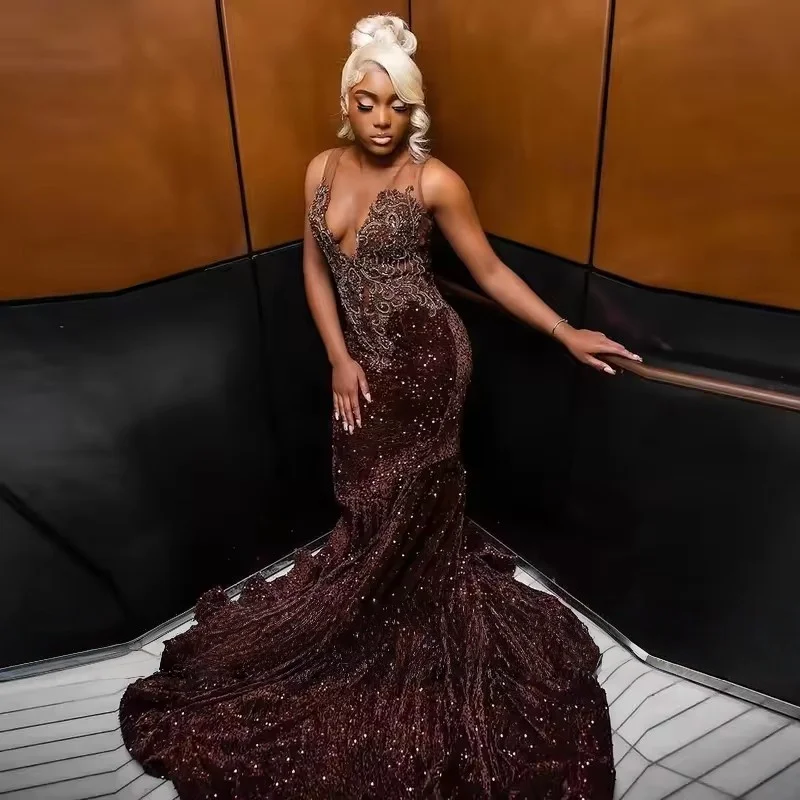Customized Chocolate Sequins Mermaid Prom Dresses Sexy Backless Plus Size Formal Evening Occasion Gowns For Black Girl