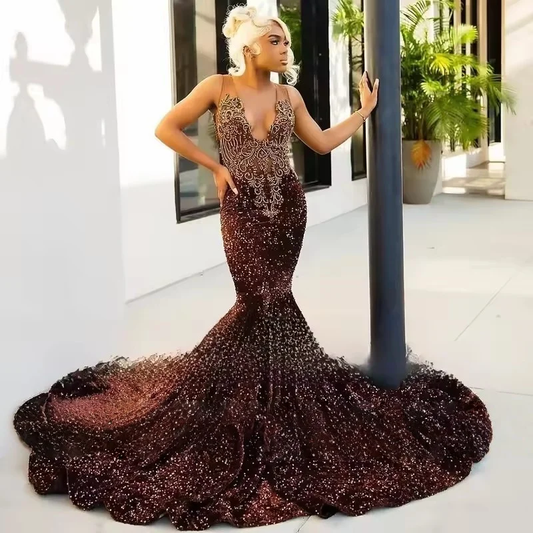 Customized Chocolate Sequins Mermaid Prom Dresses Sexy Backless Plus Size Formal Evening Occasion Gowns For Black Girl