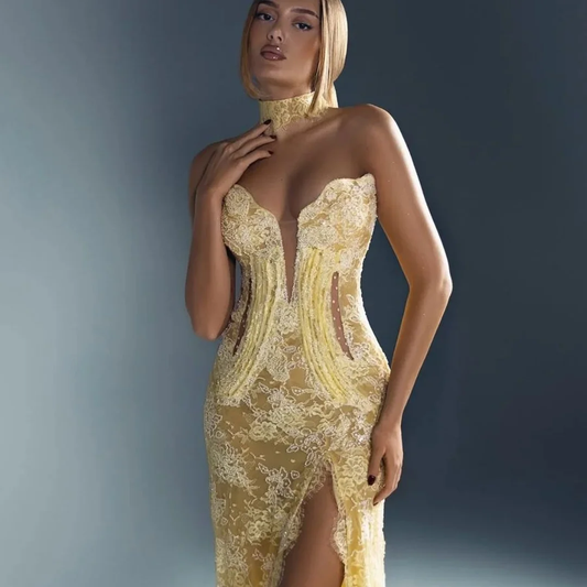 Customized Exquisite Yellow Strapless Lace Prom Dress Side High Split Floor Length Evening Dresses