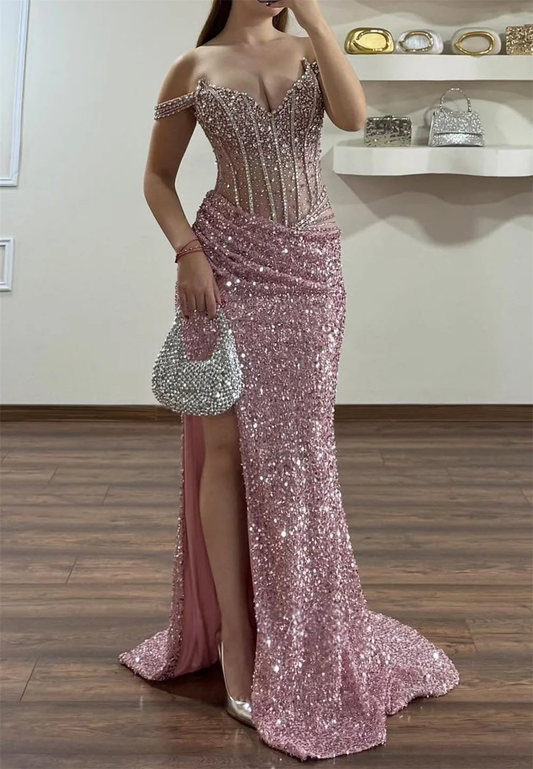 Customized Gorgeous Pink Shiny Beads Prom Dress Off The Shoulder Side Split Floor-length Formal Evening