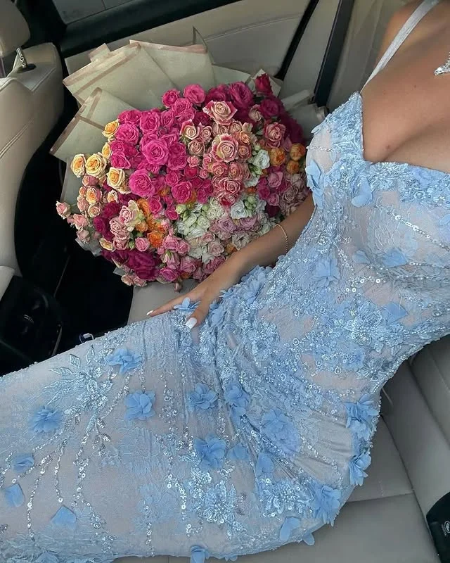 Customized Light Blue Mermaid Evening Dresses with Floral Lace Luxurious Women's Long Formal Gowns For Wedding Party