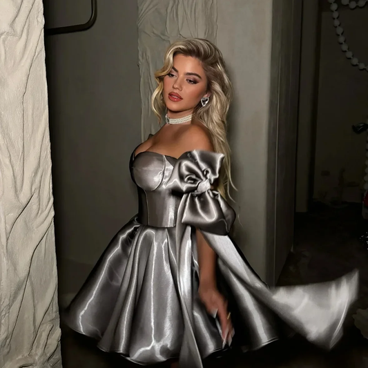 Customized Modern Bow Straps Grey Mini Prom Dress Puffy Ball Gown Short Evening Gowns Short Cocktail Party Dress 2026