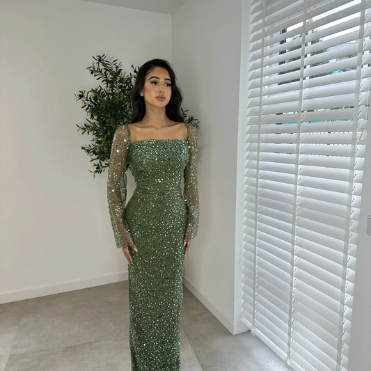 Customized Olive Green Square Neck Prom Dress Sequins Long Sleeves Detachable Train Evening Dresses
