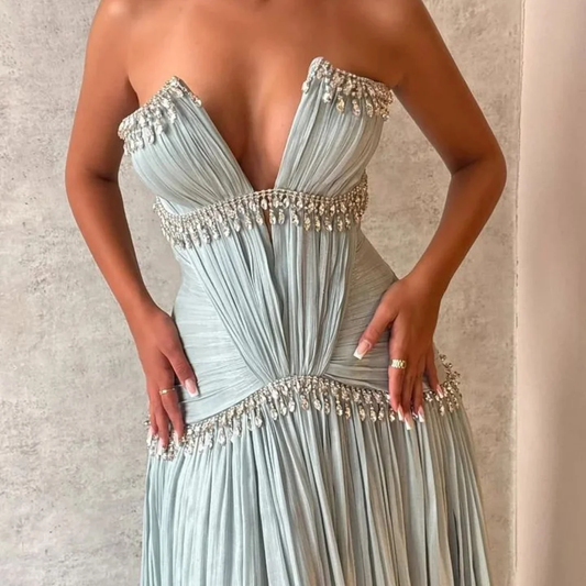 Customized Strapless Pleated Rhinestones Prom Dress A-line Sleeveless Floor-Length Evening Dresses